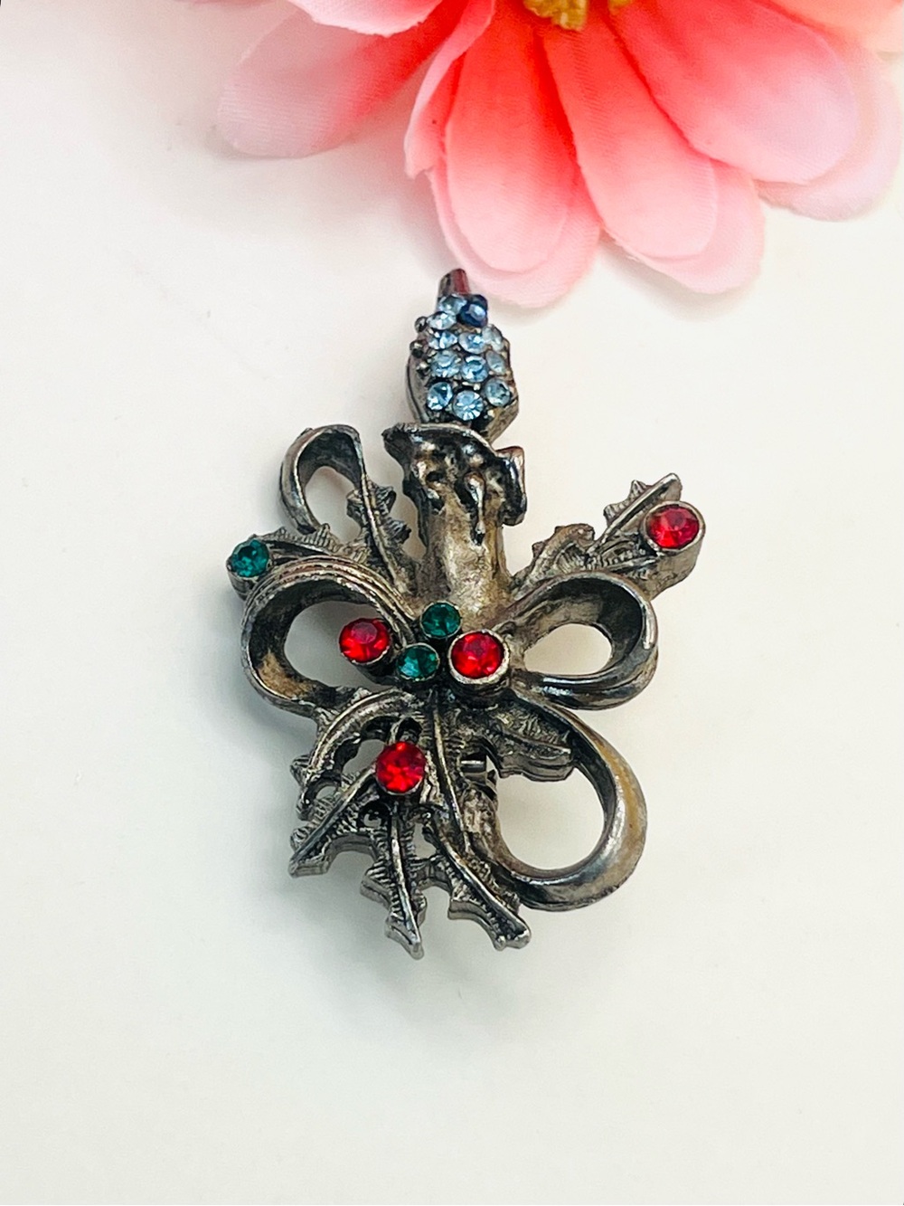 Vintage-Silver Christmas Candle & Bow brooch with multi color Crystals